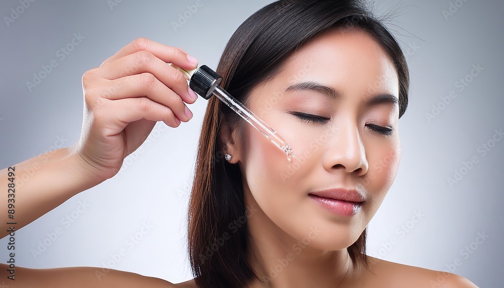 Asian Woman holding a Pipette with Skincare Serum - Applying Serum to her Face - Hyaluronic Acid, Anti Aging, Moisturiser, Repair, Hydrating, Vitamin, Ascorbic, Retinol, Exfoliant, Azelaic Asian Woman holding a Pipette with Skincare Serum - Applying Serum to her Face - Hyaluronic Acid, Anti Aging, Moisturiser, Repair, Hydrating, Vitamin, Ascorbic, Retinol, Exfoliant, Azelaic