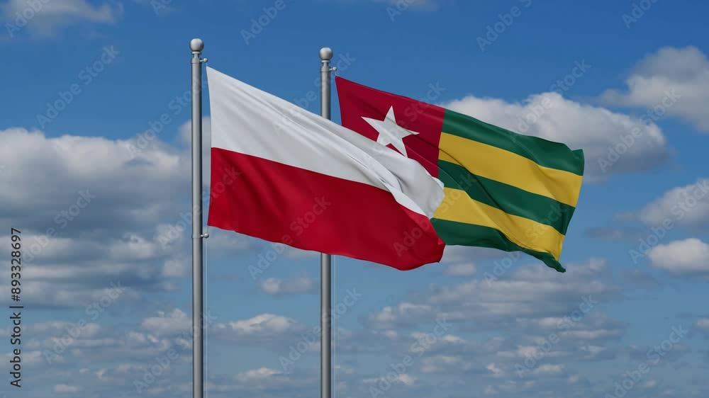 Togo, Togolese Republic and Poland flags flying together, video concept of the relationship, two country cooperation concept Togo, Togolese Republic and Poland flags flying together, video concept of the relationship, two country cooperation concept