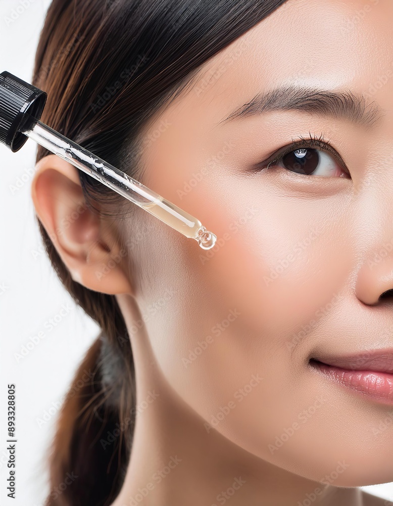 Asian Woman holding a Pipette with Skincare Serum - Applying Serum to her Face - Hyaluronic Acid, Anti Aging, Moisturiser, Repair, Hydrating, Vitamin, Ascorbic, Retinol, Exfoliant, Azelaic Asian Woman holding a Pipette with Skincare Serum - Applying Serum to her Face - Hyaluronic Acid, Anti Aging, Moisturiser, Repair, Hydrating, Vitamin, Ascorbic, Retinol, Exfoliant, Azelaic