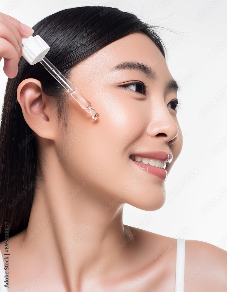 Asian Woman holding a Pipette with Skincare Serum - Applying Serum to her Face - Hyaluronic Acid, Anti Aging, Moisturiser, Repair, Hydrating, Vitamin, Ascorbic, Retinol, Exfoliant, Azelaic Asian Woman holding a Pipette with Skincare Serum - Applying Serum to her Face - Hyaluronic Acid, Anti Aging, Moisturiser, Repair, Hydrating, Vitamin, Ascorbic, Retinol, Exfoliant, Azelaic