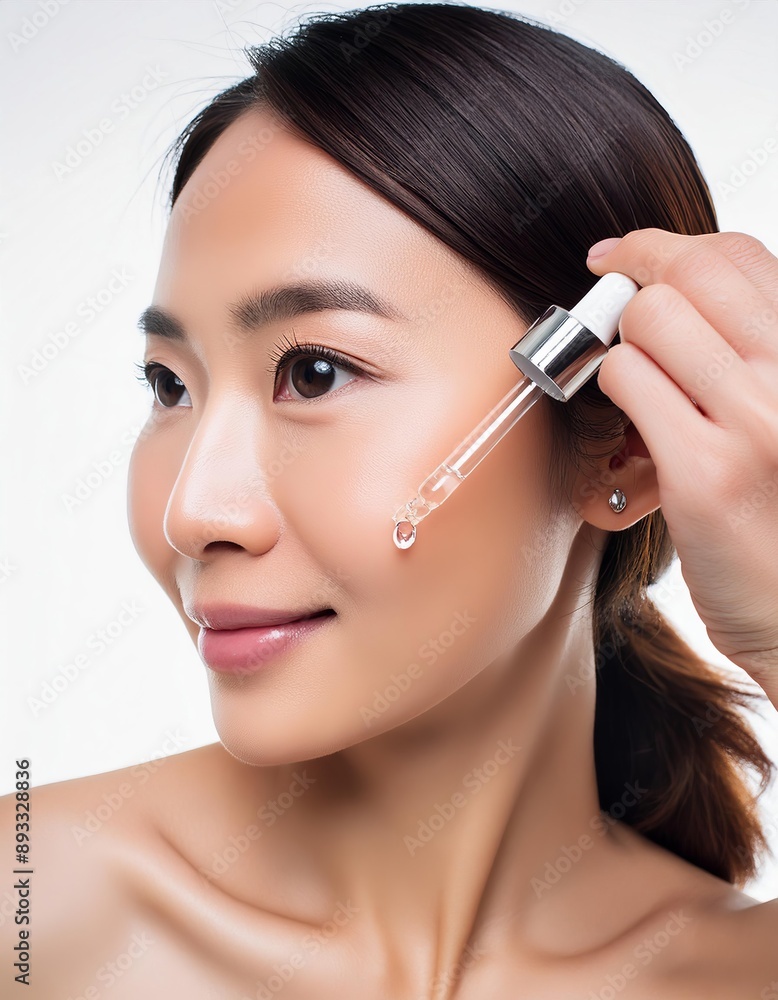 Asian Woman holding a Pipette with Skincare Serum - Applying Serum to her Face - Hyaluronic Acid, Anti Aging, Moisturiser, Repair, Hydrating, Vitamin, Ascorbic, Retinol, Exfoliant, Azelaic Asian Woman holding a Pipette with Skincare Serum - Applying Serum to her Face - Hyaluronic Acid, Anti Aging, Moisturiser, Repair, Hydrating, Vitamin, Ascorbic, Retinol, Exfoliant, Azelaic