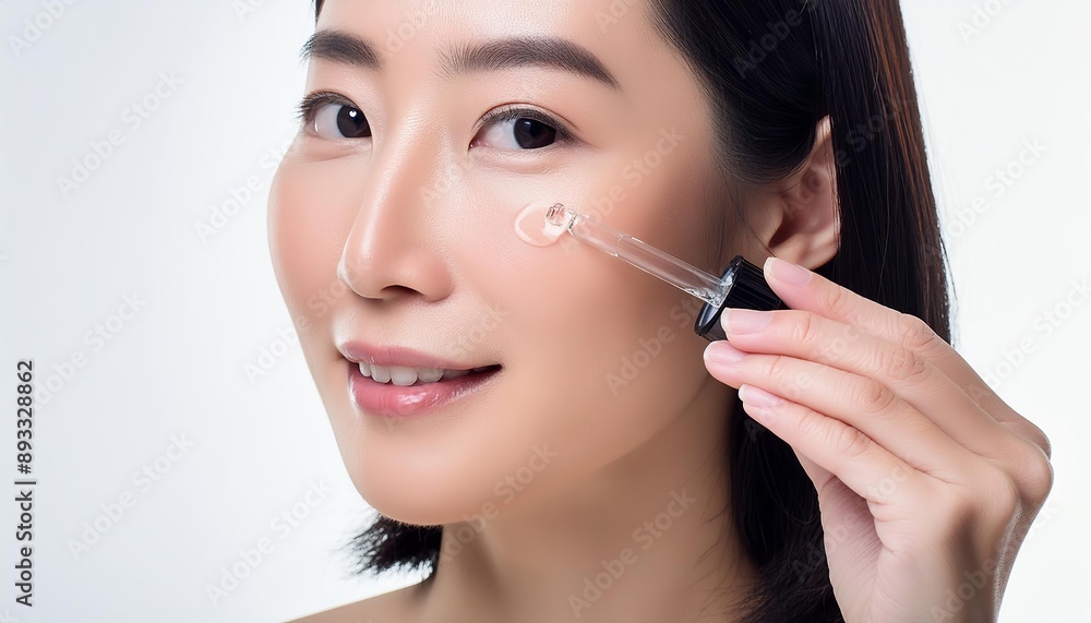 Asian Woman holding a Pipette with Skincare Serum - Applying Serum to her Face - Hyaluronic Acid, Anti Aging, Moisturiser, Repair, Hydrating, Vitamin, Ascorbic, Retinol, Exfoliant, Azelaic Asian Woman holding a Pipette with Skincare Serum - Applying Serum to her Face - Hyaluronic Acid, Anti Aging, Moisturiser, Repair, Hydrating, Vitamin, Ascorbic, Retinol, Exfoliant, Azelaic