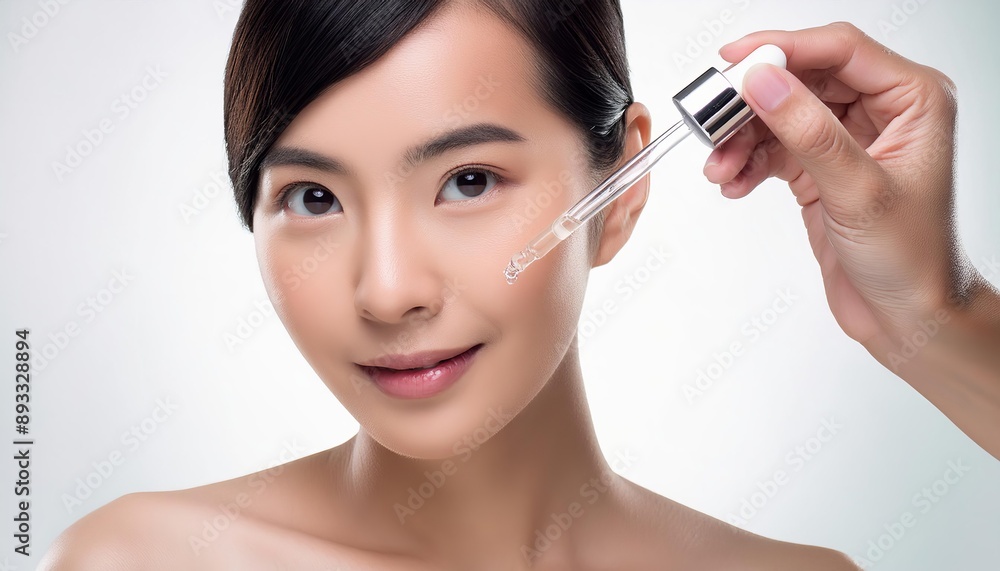 Asian Woman holding a Pipette with Skincare Serum - Applying Serum to her Face - Hyaluronic Acid, Anti Aging, Moisturiser, Repair, Hydrating, Vitamin, Ascorbic, Retinol, Exfoliant, Azelaic Asian Woman holding a Pipette with Skincare Serum - Applying Serum to her Face - Hyaluronic Acid, Anti Aging, Moisturiser, Repair, Hydrating, Vitamin, Ascorbic, Retinol, Exfoliant, Azelaic
