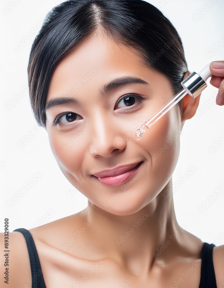Asian Woman holding a Pipette with Skincare Serum - Applying Serum to her Face - Hyaluronic Acid, Anti Aging, Moisturiser, Repair, Hydrating, Vitamin, Ascorbic, Retinol, Exfoliant, Azelaic Asian Woman holding a Pipette with Skincare Serum - Applying Serum to her Face - Hyaluronic Acid, Anti Aging, Moisturiser, Repair, Hydrating, Vitamin, Ascorbic, Retinol, Exfoliant, Azelaic
