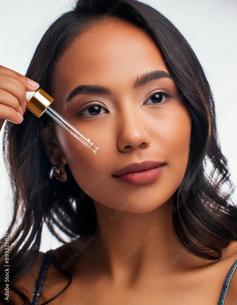 Asian Woman holding a Pipette with Skincare Serum - Applying Serum to her Face - Hyaluronic Acid, Anti Aging, Moisturiser, Repair, Hydrating, Vitamin, Ascorbic, Retinol, Exfoliant, Azelaic