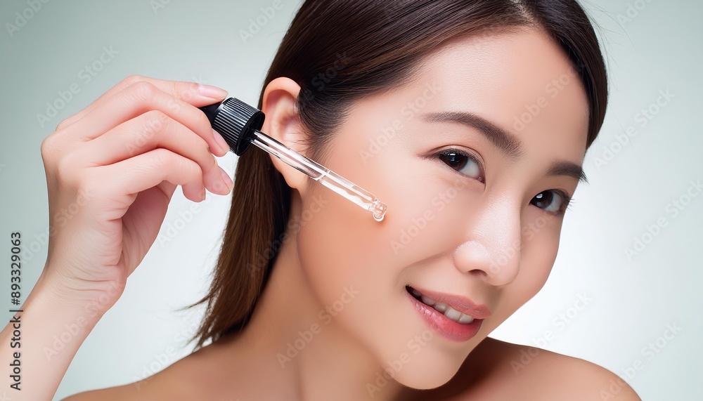 Asian Woman holding a Pipette with Skincare Serum - Applying Serum to her Face - Hyaluronic Acid, Anti Aging, Moisturiser, Repair, Hydrating, Vitamin, Ascorbic, Retinol, Exfoliant, Azelaic Asian Woman holding a Pipette with Skincare Serum - Applying Serum to her Face - Hyaluronic Acid, Anti Aging, Moisturiser, Repair, Hydrating, Vitamin, Ascorbic, Retinol, Exfoliant, Azelaic