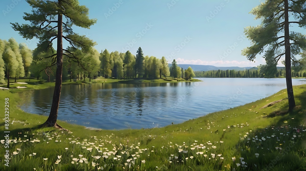 Fototapeta premium calm lake with a bright blue sky. Pink blossoming trees 