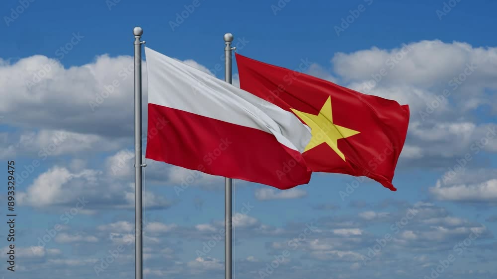 Vietnam and Poland flags flying together, video concept of the relationship Vietnam and Poland flags flying together, video concept of the relationship