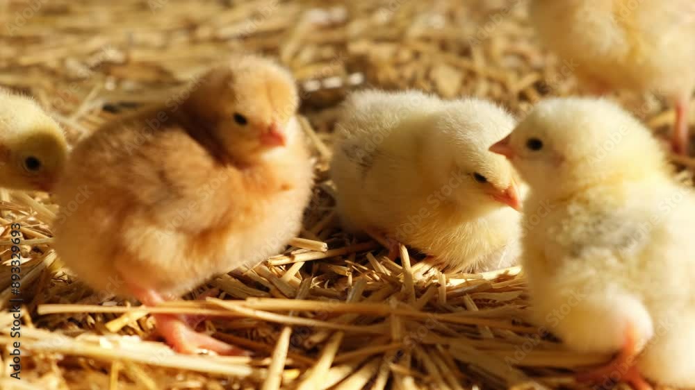Close-up group of fluffy small yellow chicks Gallus day old poultry new born in a farm rearing straw bedding Close-up group of fluffy small yellow chicks Gallus day old poultry new born in a farm rearing straw bedding