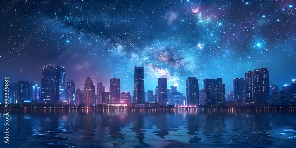 Obraz premium Futuristic Skyline Blending Technology and Nature under a Starry Night Sky