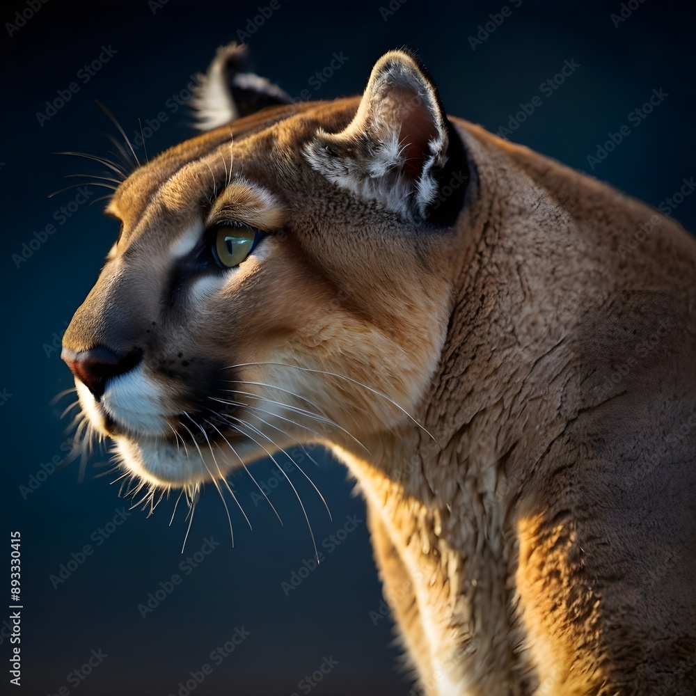 Naklejka premium close up, macro photo shot of a puma, smoky, dark blue and yellow gradient