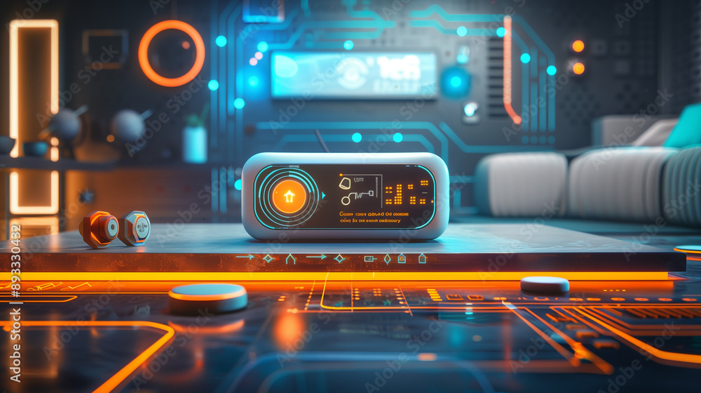 Futuristic digital clock on a high-tech table. Futuristic digital clock on a high-tech table.