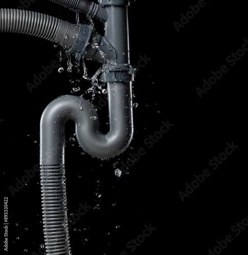 Leaking water from gray plastic pipe under sink. Drain leak water from pipe plumbing in bathroom as water clogged drop. Black background isolated photo