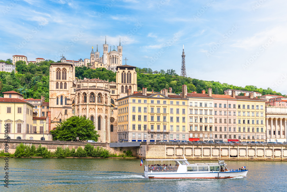 Obraz premium Gothic Lyon Cathedral by the Saône River in the Vieux Lyon District, France