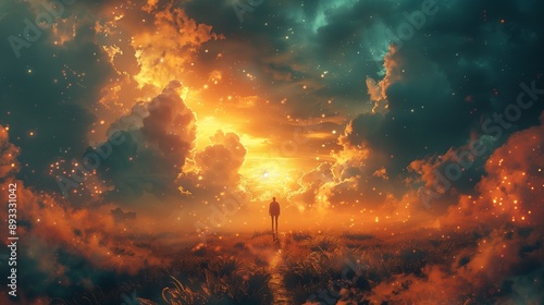 A Solitary Figure Stands Before A Glowing Sunset In A Dreamlike Landscape