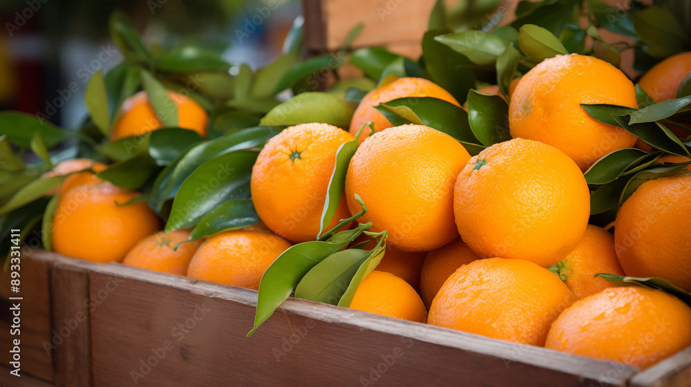 close up ripe oranges covered with rain or water drops in open wooden boxes close up ripe oranges covered with rain or water drops in open wooden boxes