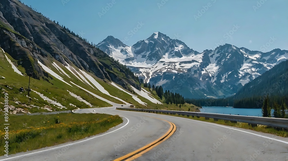 inding paved road leads towards a mountain range with snow-capped inding paved road leads towards a mountain range with snow-capped