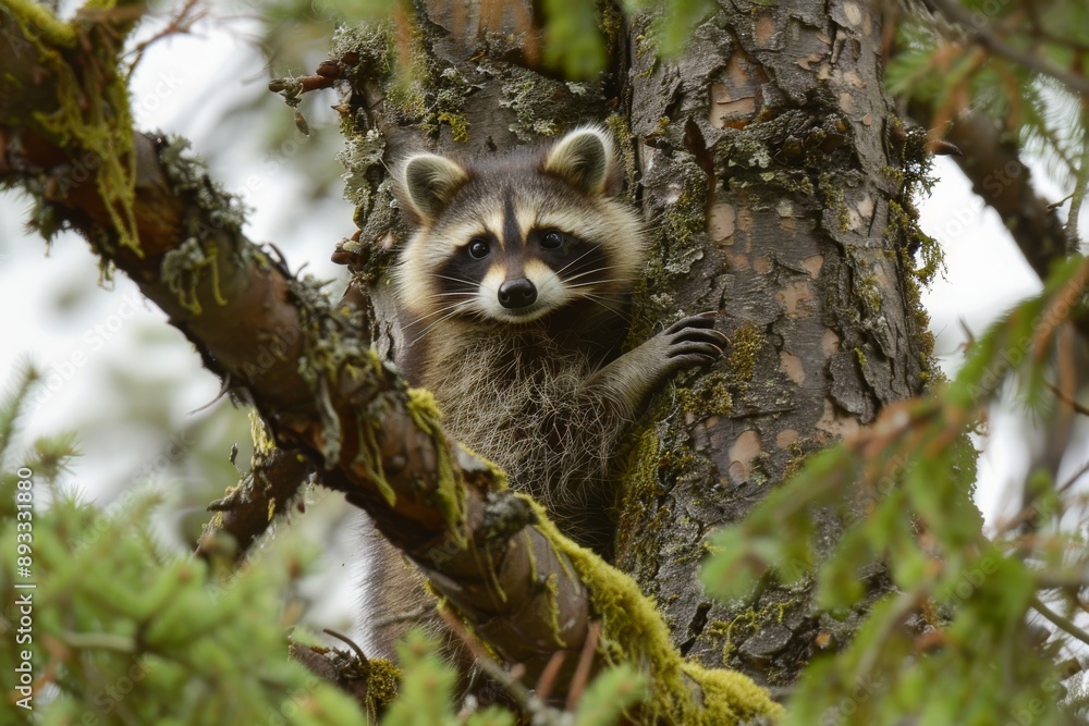 Fototapeta premium Northern Raccoon in tree, young animal