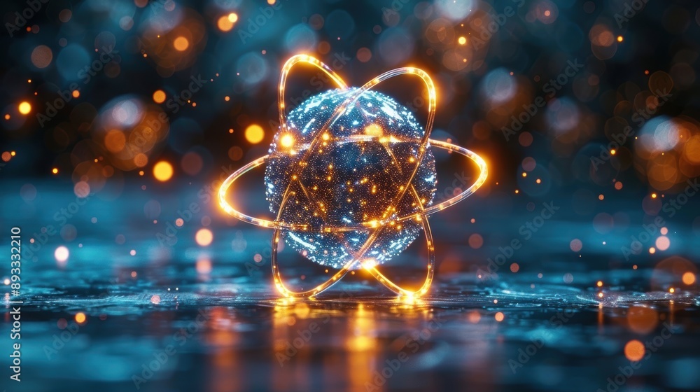 Luminous Atom Model, glowing nuclear structure on dark background Luminous Atom Model, glowing nuclear structure on dark background