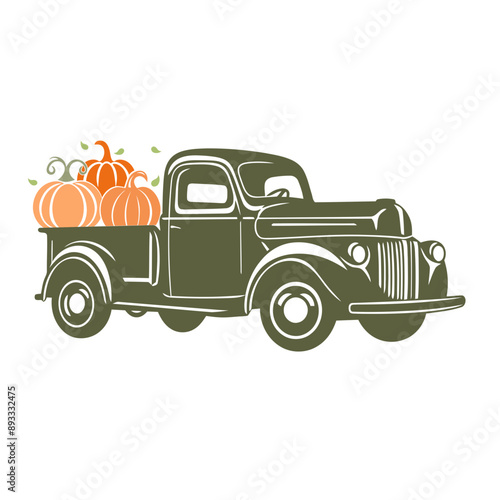 A vintage green pickup truck carrying several orange pumpkins in the back