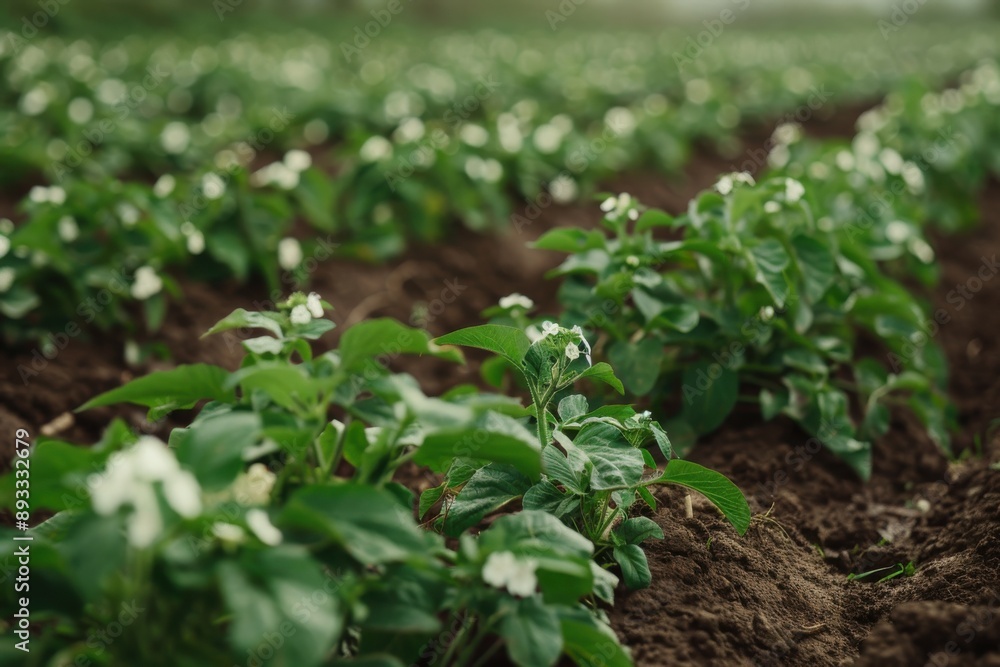 Closeup field of potato plants with green leaves and small white flowers, set against a blurred natural background Closeup field of potato plants with green leaves and small white flowers, set against a blurred natural background
