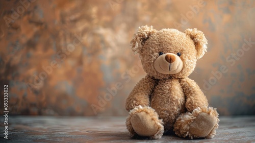 A Brown Teddy Bear Sitting on a Table in Front of a Brick Wall - Generative AI