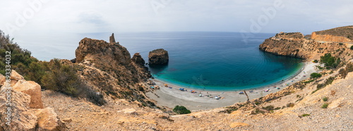 Cuadro en lienzo Panorama Playa Calahonda beach, rocks and sea in Mijas Costa del Sol in Andalusi