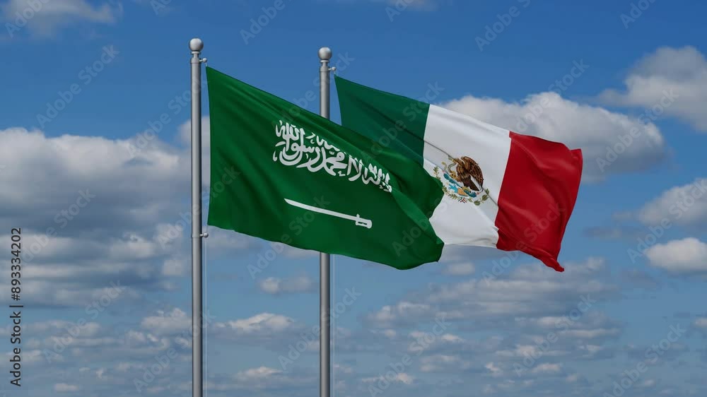 Mexico and Saudi Arabia flags flying together, video concept of the relationship, two country relations concept Mexico and Saudi Arabia flags flying together, video concept of the relationship, two country relations concept