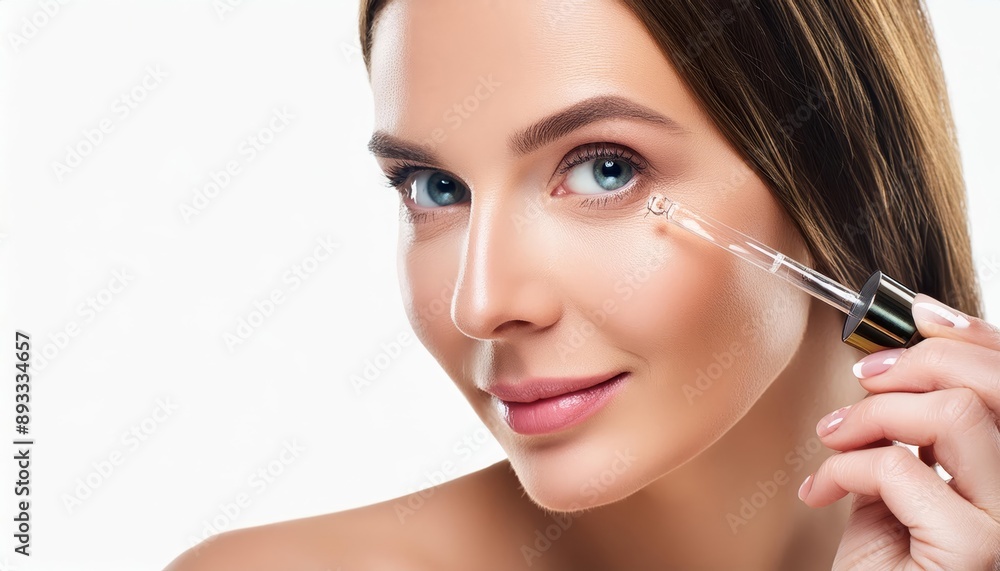 Beautiful Woman holding a Pipette with Skincare Serum - Applying Serum to her Face - Hyaluronic Acid, Anti Aging, Moisturiser, Repair, Hydrating, Vitamin, Ascorbic, Retinol, Exfoliant, Azelaic Beautiful Woman holding a Pipette with Skincare Serum - Applying Serum to her Face - Hyaluronic Acid, Anti Aging, Moisturiser, Repair, Hydrating, Vitamin, Ascorbic, Retinol, Exfoliant, Azelaic