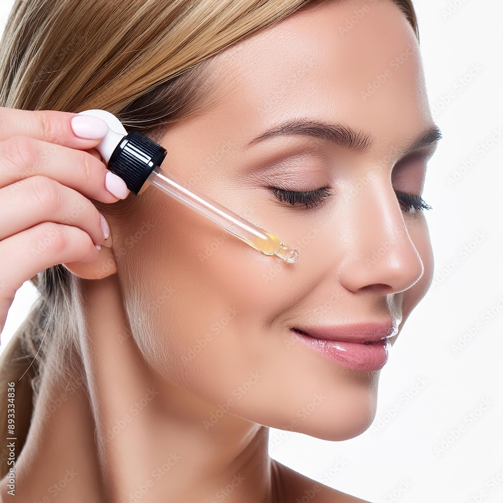 Beautiful Woman holding a Pipette with Skincare Serum - Applying Serum to her Face - Hyaluronic Acid, Anti Aging, Moisturiser, Repair, Hydrating, Vitamin, Ascorbic, Retinol, Exfoliant, Azelaic Beautiful Woman holding a Pipette with Skincare Serum - Applying Serum to her Face - Hyaluronic Acid, Anti Aging, Moisturiser, Repair, Hydrating, Vitamin, Ascorbic, Retinol, Exfoliant, Azelaic