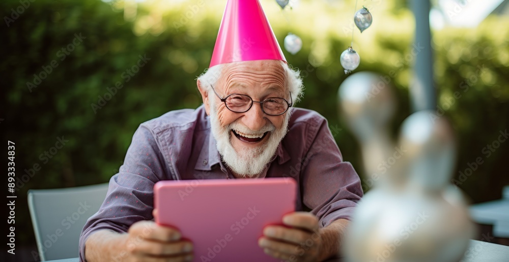 Elderly man in party hat celebrates birthday outdoors, using tablet for digital connection and entertainment