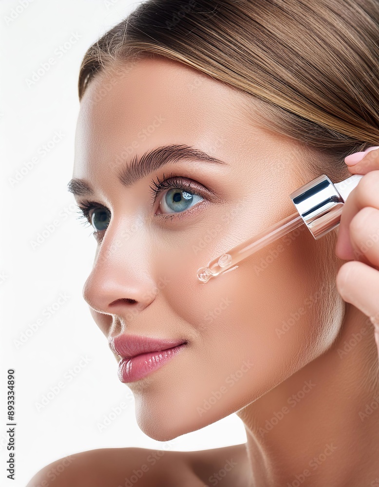 Beautiful Woman holding a Pipette with Skincare Serum - Applying Serum to her Face - Hyaluronic Acid, Anti Aging, Moisturiser, Repair, Hydrating, Vitamin, Ascorbic, Retinol, Exfoliant, Azelaic Beautiful Woman holding a Pipette with Skincare Serum - Applying Serum to her Face - Hyaluronic Acid, Anti Aging, Moisturiser, Repair, Hydrating, Vitamin, Ascorbic, Retinol, Exfoliant, Azelaic