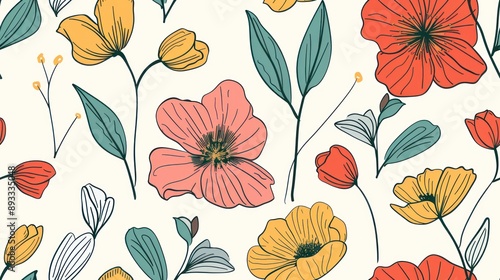 Floral pattern with vibrant flowers and green leaves