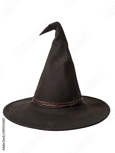  A classic black witch's hat with a tall, pointed crown and wide brim, perfect for Halloween costumes, spooky decorations, or adding a touch of magic to any project. Transparent PNG for easy layering 