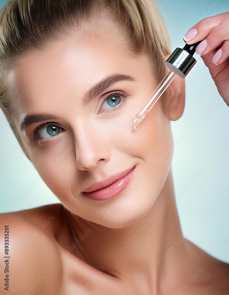 Beautiful Woman holding a Pipette with Skincare Serum - Applying Serum to her Face - Hyaluronic Acid, Anti Aging, Moisturiser, Repair, Hydrating, Vitamin, Ascorbic, Retinol, Exfoliant, Azelaic Beautiful Woman holding a Pipette with Skincare Serum - Applying Serum to her Face - Hyaluronic Acid, Anti Aging, Moisturiser, Repair, Hydrating, Vitamin, Ascorbic, Retinol, Exfoliant, Azelaic