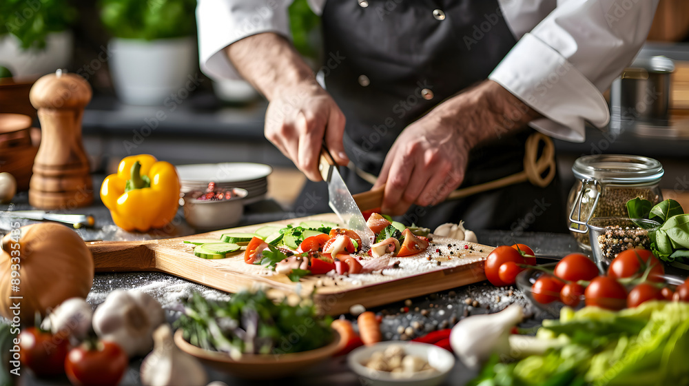 Close-up of a chef’s hands chopping vegetables with precision, surrounded by fresh ingredients and kitchen tools, highlighting culinary skill.
Close-up of a chef’s hands chopping vegetables with precision, surrounded by fresh ingredients and kitchen tools, highlighting culinary skill.