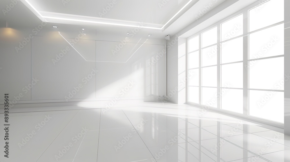 white empty space in room, ceramic tile floor in perspective, window and ceiling strip light. Interior home design look clean, bright, shiny surface white empty space in room, ceramic tile floor in perspective, window and ceiling strip light. Interior home design look clean, bright, shiny surface