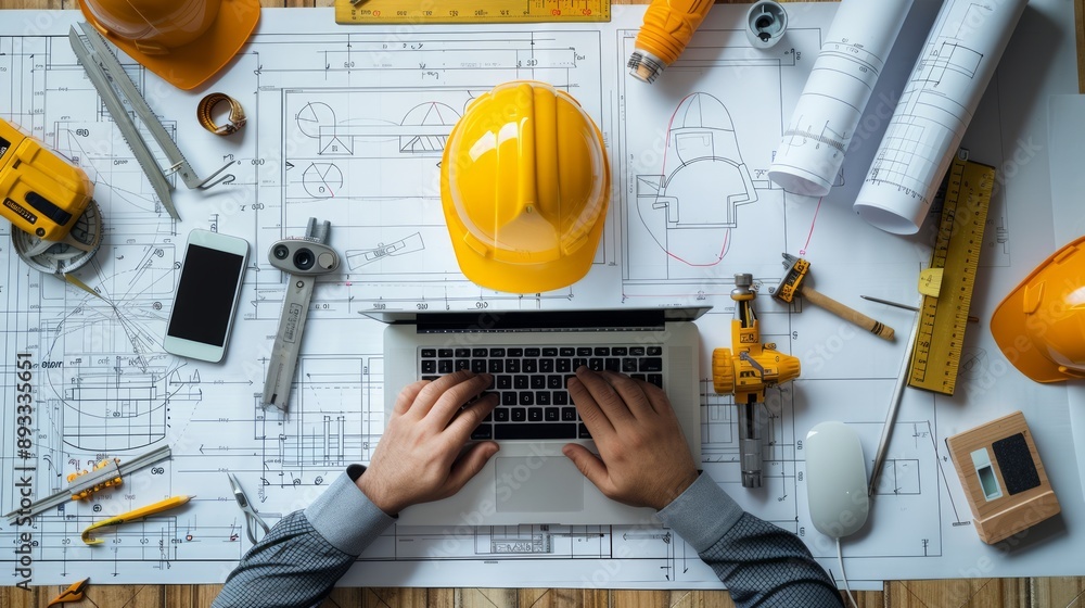 An engineer's desk with technical drawings, a laptop, and engineering tools. Focused architect working on laptop with blueprints and tools.