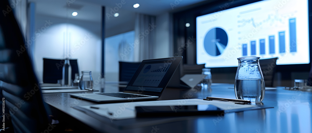 Modern conference room with laptop, charts on screen, and water bottles. Modern conference room with laptop, charts on screen, and water bottles.