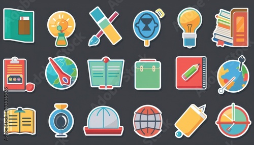 Simple and colorful flat vector icons for school on dark grey, sticker pack style.
