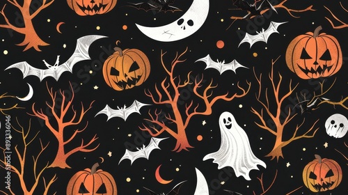 Whimsical Halloween seamless Pattern: Pumpkins and ghosts