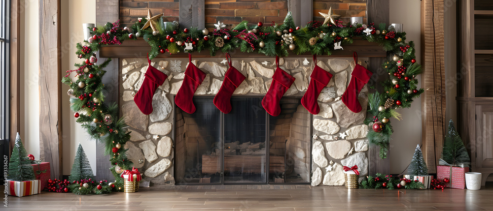 Fototapeta premium Stone fireplace decorated for Christmas with stockings and garland.