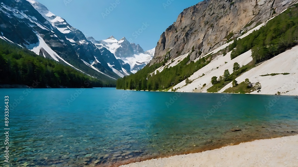 shows a serene mountain lake with clear blue water shows a serene mountain lake with clear blue water