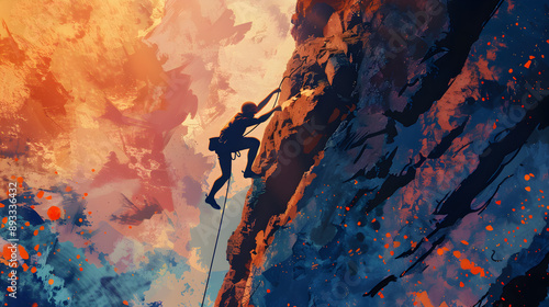 Dynamic rock climbing scene with a climber scaling a steep cliff, rugged terrain, and vibrant energy, capturing adventure and athleticism.