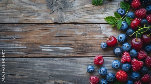 Fresh blueberries, raspberries, and cherries on a rustic wooden table, creating a vibrant and appetizing display.