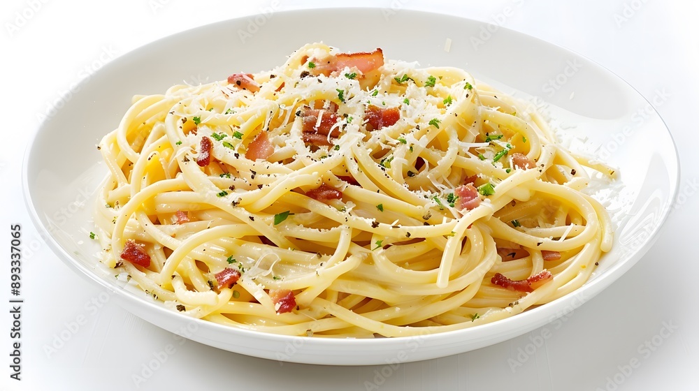 Delicious Spaghetti Carbonara on a White Plate. Delicious Spaghetti Carbonara on a White Plate.