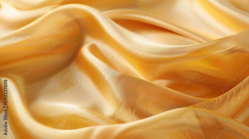 Close-up of luxurious golden silk fabric with soft waves, showcasing its rich texture and elegant drapery. Close-up of luxurious golden silk fabric with soft waves, showcasing its rich texture and elegant drapery.