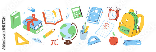 School supplies set. Backpack, books, pens, pencil and other education thinks for kids. Modern cartoon concept. Vector illustration.