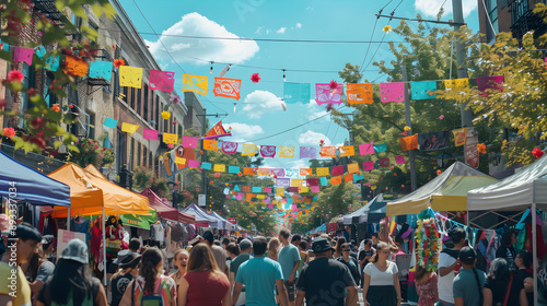 Energetic street festival with colorful decorations, lively performers, and a joyful crowd, highlighting cultural celebration and community.