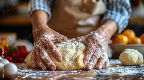 Close-up of hands kneading dough on a floured surface with fresh ingredients around in a cozy kitchen setting.
